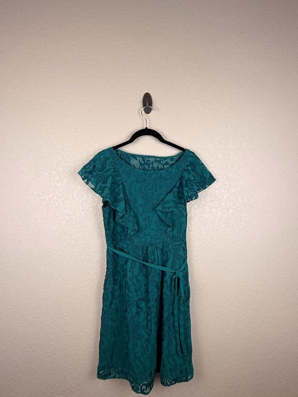 Moulinette Soeurs Women's Teal Floral Lace Flutter Sleeve Tie-Waist Dress Size 2